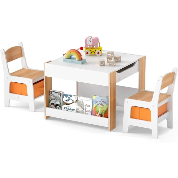 INFANS Kids Table and Chair Set, 4 in 1 Building Block Wooden Activity Desk with Reversible Tabletop Storage Drawers Bookshelves for Toddlers Art Craft Learning Reading Drawing Playroom