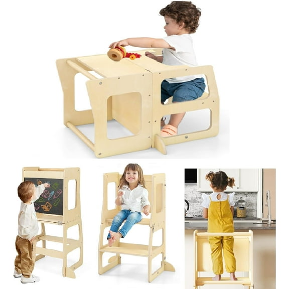 INFANS Kids Table and Chair Set, 4 in 1 Foldable Wooden Activity Table with Blackboard Easel, Montessori Step Stool Table and Chair Set, Toddler Furniture Table for Reading or Eating Playing Drawing