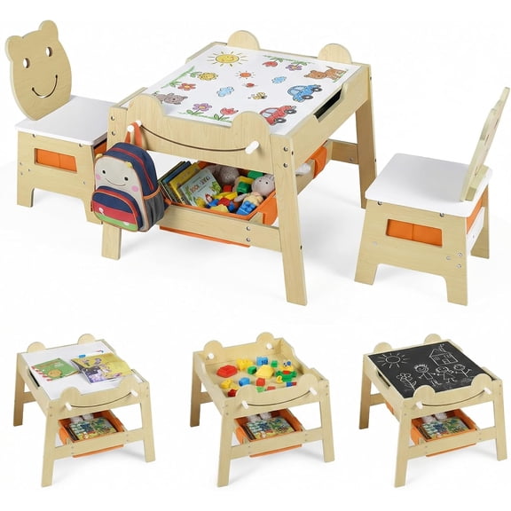 INFANS Kids Table and Chair Set, 4 in 1 Wooden Activity Desk with Reversible Detachable Tabletop Storage Drawers Blackboard, Toddler Furniture for Art Crafts Eating Playing Drawing
