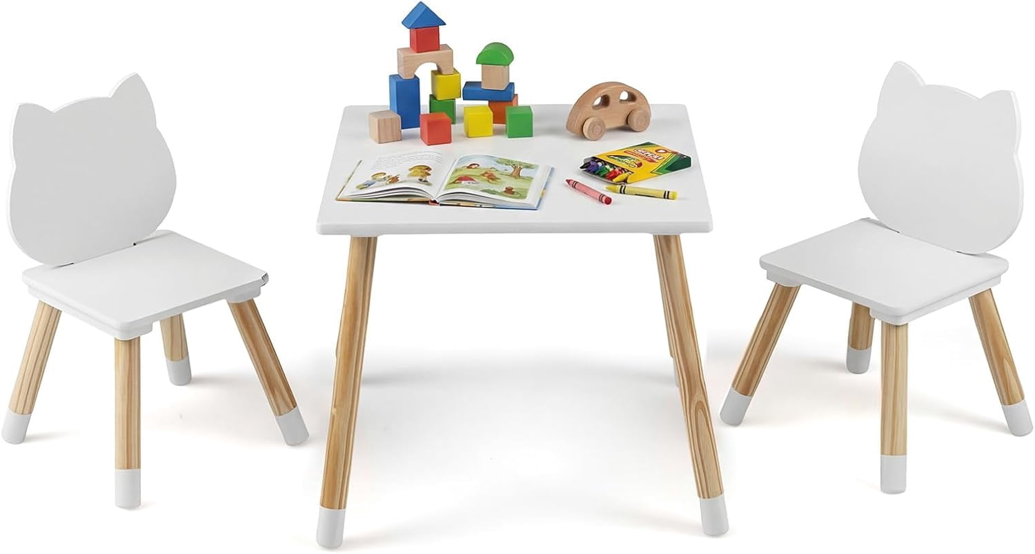 INFANS Kids Table and Chair Set, Wooden Toddler 3-Piece Desk for Playing Eating Drawing Reading Art Crafts, Ideal Children Furniture for Kindergarten Classroom