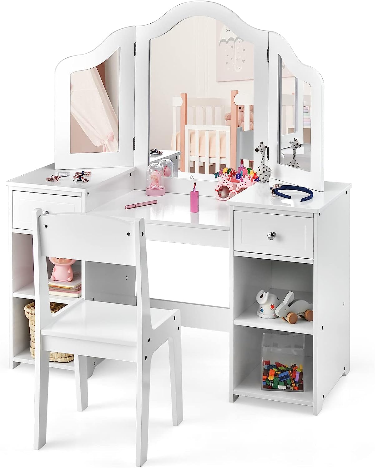 UTEX Pretend Play Kids Vanity Table and Chair Vanity Set with Mirror Makeup Dressing Table with