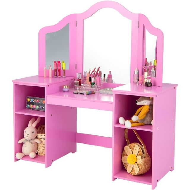INFANS Kids Vanity, 2 in 1 Princess Makeup Desk Set with TriFolding