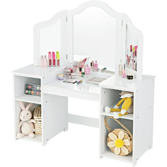INFANS Kids Vanity, 2 in 1 Princess Makeup Desk Set with Tri-Folding Detachable Mirror, Large Storage Shelves, Wooden Dressing Table,Pretend Play Vanity Set for Girls