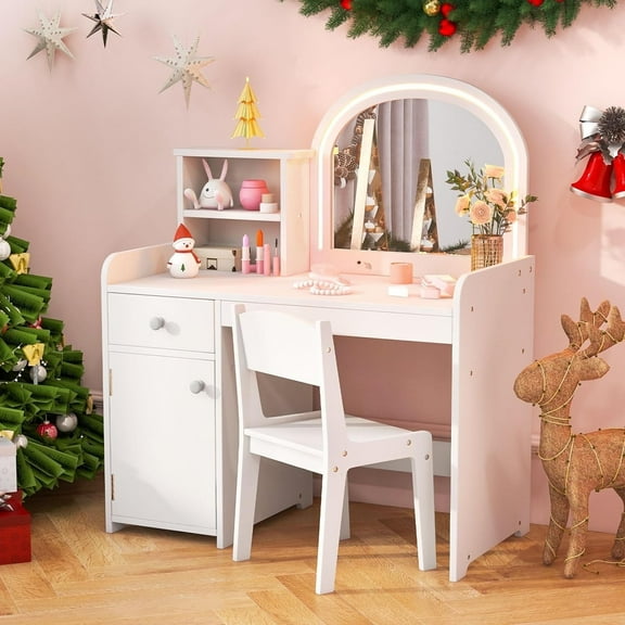 INFANS Kids Vanity, Princess Makeup Desk and Chair Set with Lights Mirror Drawer Storage Shelves, Wooden Dressing Table, Pretend Play Vanity Set for Toddler Girls