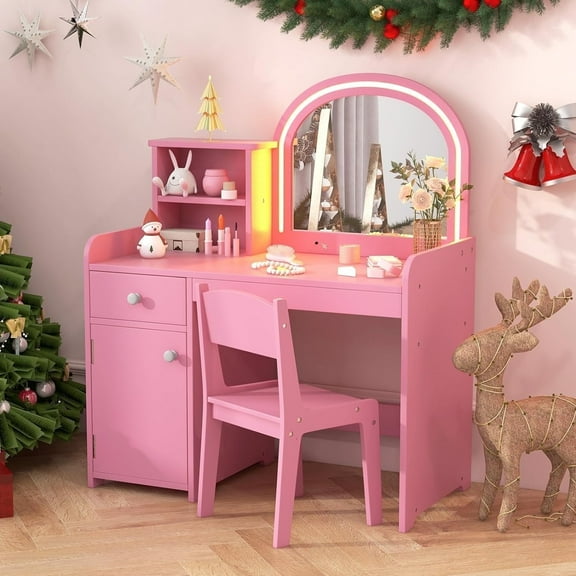 INFANS Kids Vanity, Princess Makeup Desk and Chair Set with Lights Mirror Drawer Storage Shelves, Wooden Dressing Table, Pretend Play Vanity Set for Toddler Girls