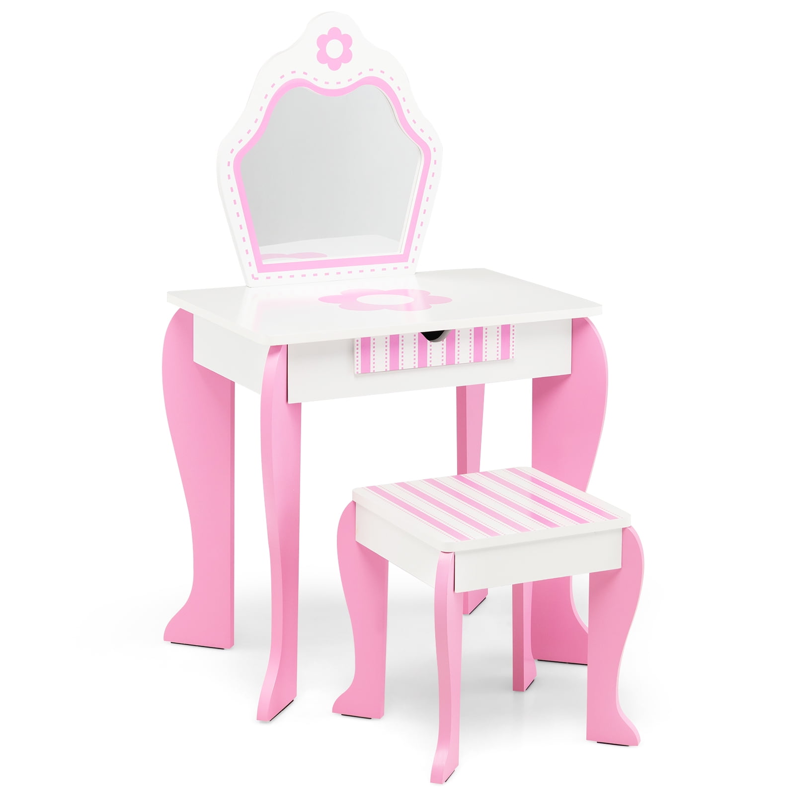 Infans Kid Vanity Set Wooden Makeup Table Stool w/ Mirror Flower Print Pink \u0026 White