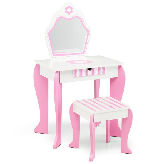 Infans Kid Vanity Set Wooden Makeup Table Stool w/ Mirror Flower Print Pink & White