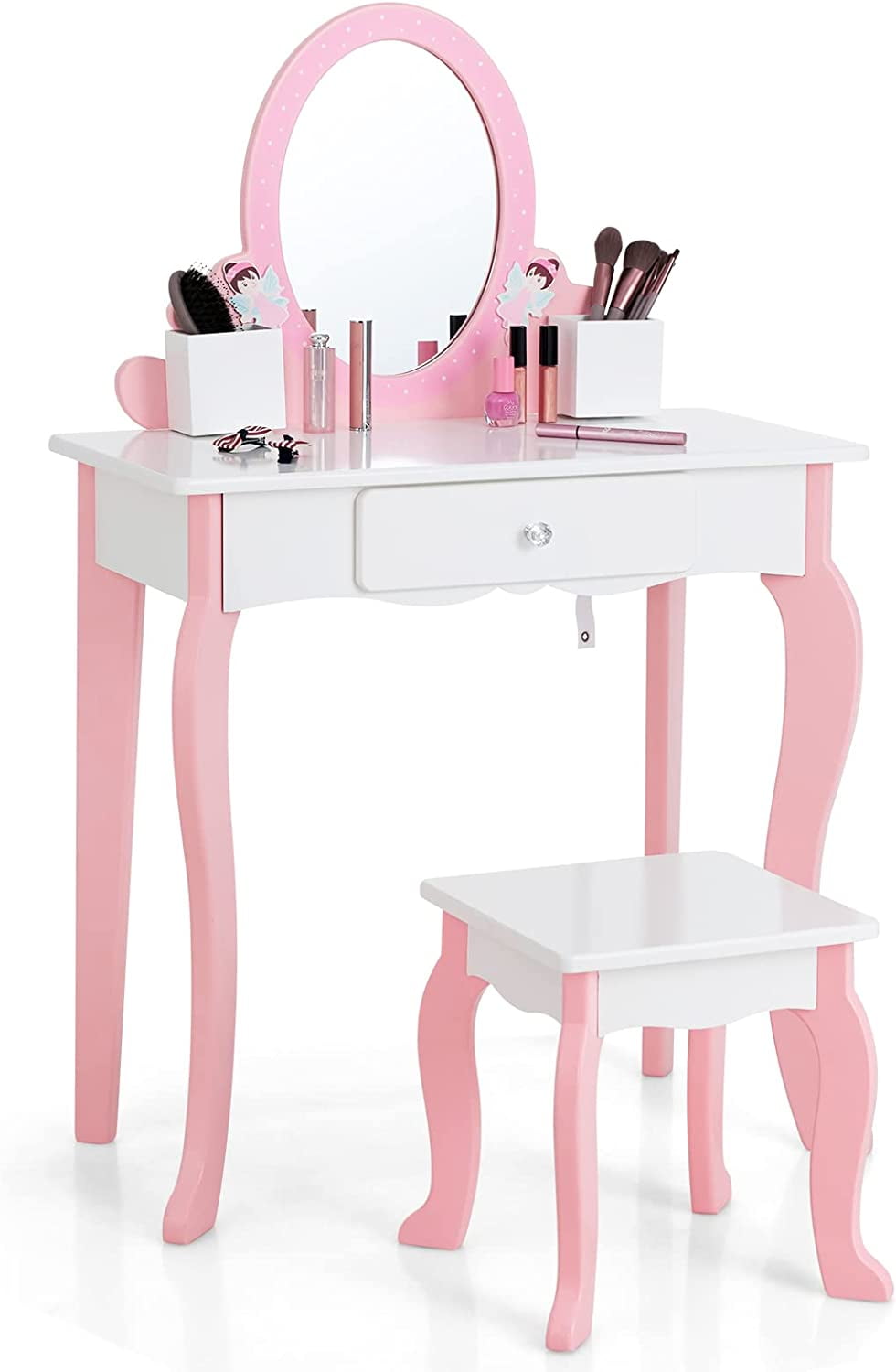INFANS Toddler's Vanity Set with Mirror, 2 in 1 Wooden Princess Makeup