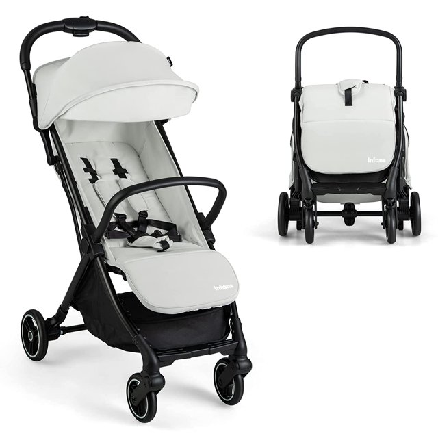 INFANS Lightweight Baby Stroller, One-Hand Gravity Fold, Compact Travel Stroller for Airplane with Aluminium Frame, Adjustable Backrest and Canopy, Foldable Infant Toddler Stroller