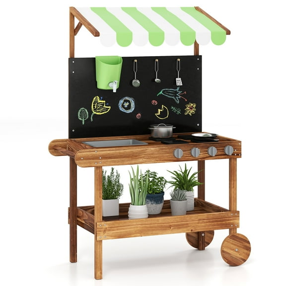 INFANS Mud Kitchen, Outdoor Play Kitchen with Drawing Board, Real Water Flow, Removable Sink, Storage, Cooking Accessories, Wooden Kids Kitchen Playset Gift for Boys Girls Ages 3+