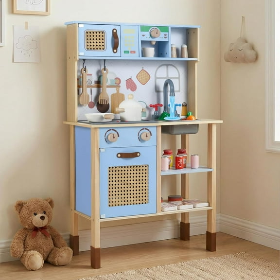 INFANS Play Kitchen for Kids, Wooden Pretend Playset with Adjustable Heights Rattan Door Blackboard Realistic Lights Sounds, Toddler Cooking Toy Gift for Boys Girls Aged 3+