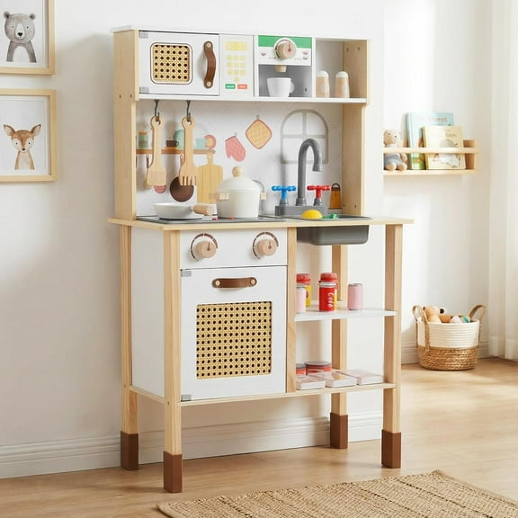 INFANS Play Kitchen for Kids, Wooden Pretend Playset with Adjustable Heights Rattan Door Blackboard Realistic Lights Sounds, Toddler Cooking Toy Gift for Boys Girls Aged 3 