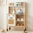 thumbnail image 1 of INFANS Play Kitchen for Kids, Wooden Pretend Playset with Adjustable Heights Rattan Door Blackboard Realistic Lights Sounds, Toddler Cooking Toy Gift for Boys Girls Aged 3+, 1 of 10