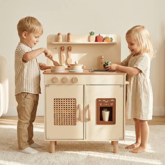 INFANS Play Kitchen for Kids, Wooden Pretend Playset with Rattan Door Realistic Sounds Towel Rack, Toddler Cooking Toy Gift for Boys Girls Aged 3+