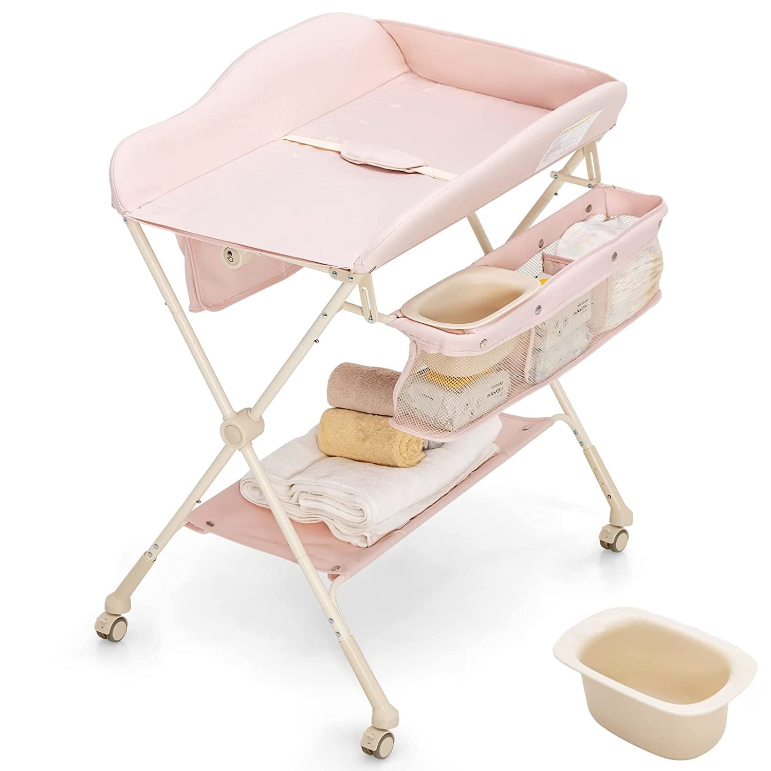 INFANS Portable Baby Changing Table, Folding Diaper Dresser Station with Wheels, Adjustable