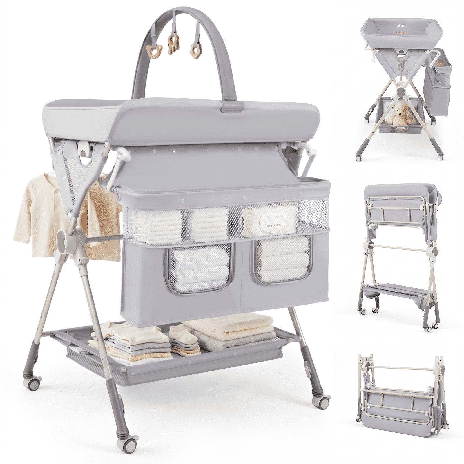 INFANS Portable Baby Changing Table with Wheels, Foldable Diaper Changing Station with Adjustable Heights, Large Organizer Storage for Newborn Infant