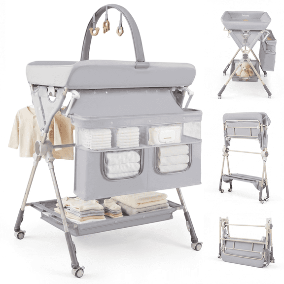 INFANS Portable Baby Changing Table with Wheels, Foldable Diaper Changing Station with Adjustable Heights, Large Organizer Storage for Newborn Infant