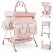 INFANS Portable Baby Changing Table with Wheels, Foldable Diaper Changing Station with Adjustable Heights, Large Organizer Storage for Newborn Infant