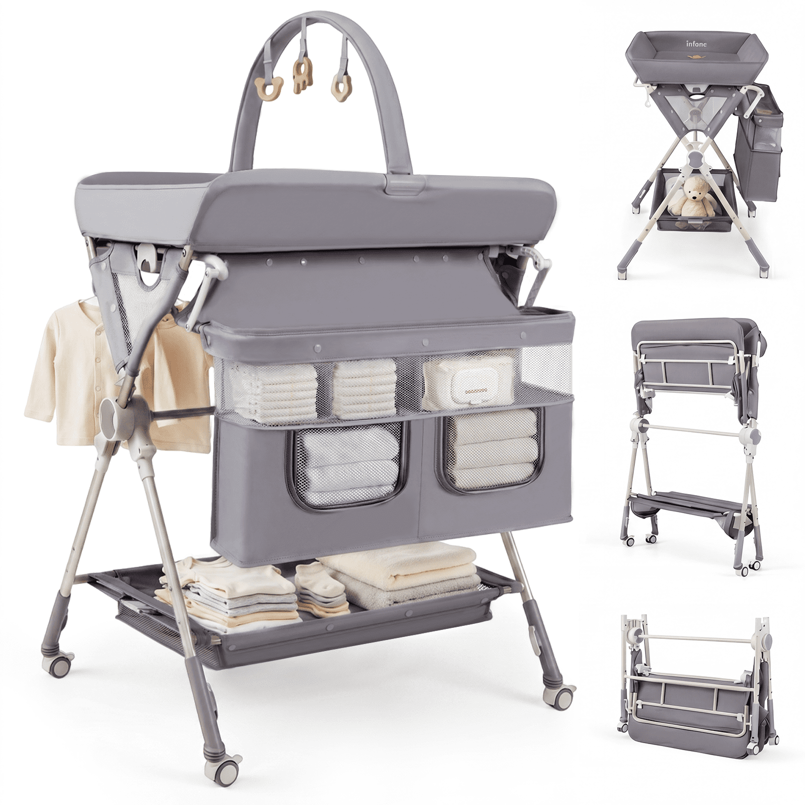 INFANS Portable Baby Changing Table with Wheels, Foldable Diaper Changing Station with Adjustable Heights, Large Organizer Storage for Newborn Infant