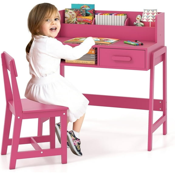 INFANS Table and Chair Set, Toddler Wooden Student Study Desk with Chair Storage Hutch Compartments Drawers for Writing Drawing, Children Furniture for Bedroom School Boys Girls 3+ Years Old