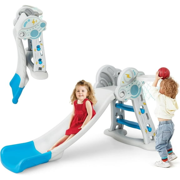 OLAKIDS Toddler Slide, 3 in 1 Foldable Kids Slide Indoor Slideway for Age 1-3 with Basketball Hoop, Outdoor Climber Freestanding Playset, Extra Long Slipping Slope Sturdy Plastic Playground Toy