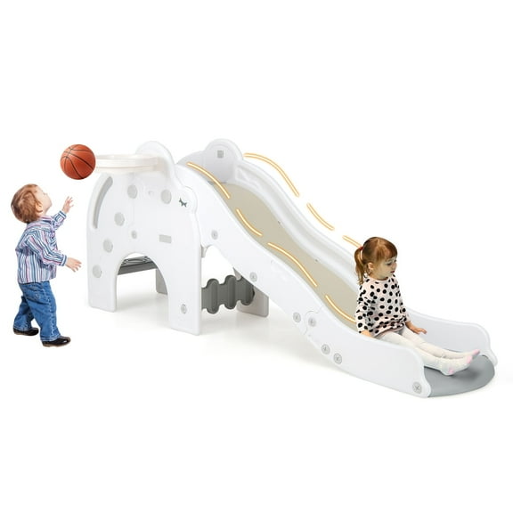 OLAKIDS Toddler Slide, 4 in 1 Indoor Kids Slide Wave Slideway Max Load 330lb for Age 1-3 with Basketball Hoop Ball, Outdoor Climber Freestanding Playset, Sturdy Plastic Playground Toy