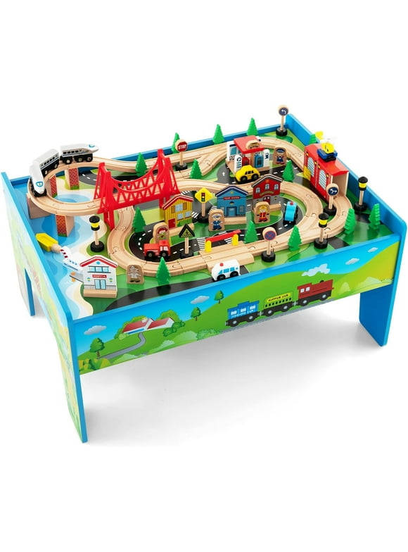 INFANS Train Table, 80 Pieces Wooden Kids Activity Toy Table Playset with Reversible Detachable Tabletop, Tracks, Train, Railway, City, Gift for Toddler Boys Girls Ages 3+