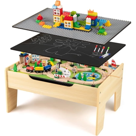 INFANS Train Table, 80 Pieces Wooden Kids Activity Toy Table Playset with Reversible Detachable Tabletop, Tracks, Train, Railway, City, Gift for Toddler Boys Girls Ages 3+