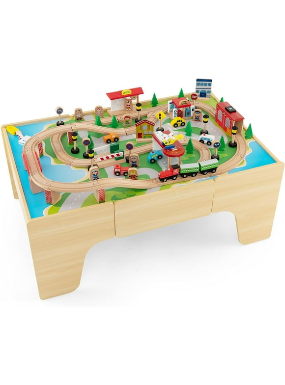 INFANS Train Table, 84 Pieces Wooden Kids Activity Toy Table Playset with Storage Drawer Reversible Detachable Tabletop, Tracks, Train, Railway, City, Gift for Toddler Boys Girls Ages 3+