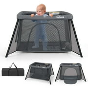 INFANS Travel Crib, Portable Baby Playpen with Removable Bassinet Soft Mattress Carry Bag, Foldable Lightweight Playard Nursery Center for Newborns Toddlers (Dark Gray)