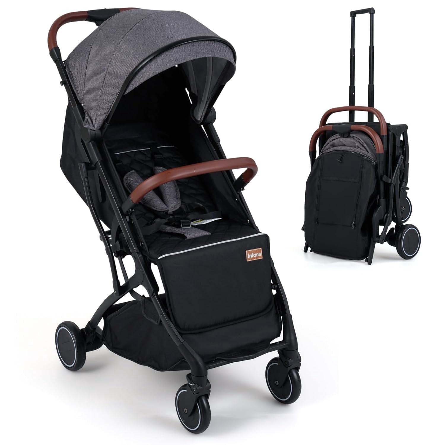 INFANS Travel Stroller, Lightweight Compact Baby Stroller for Airplane with One-Hand Fold, Multi-Position Recline, Canopy, 4 Wheel Suspension, Storage Basket
