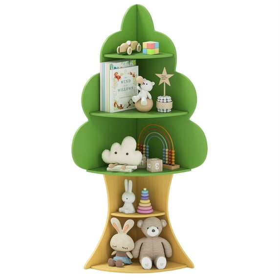 INFANS Tree Kids Bookshelf, Wood 5-Tier Corner Bookcase, Baby Montessori Shelf Rack Children's Bookcase, Toy and Book Toddler Storage Organizer for Preschool, Kids Room, Playroom Boy Girls Gift