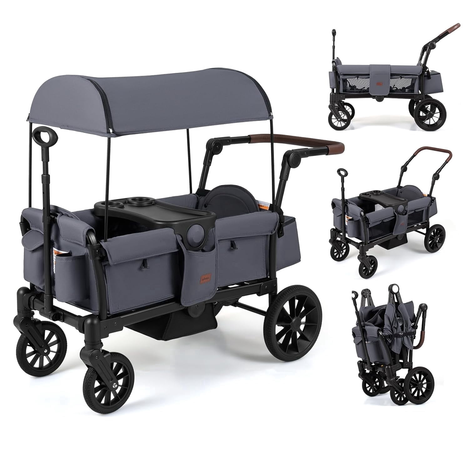 INFANS Wagon Stroller for 2 Kids, Foldable Wagon Cart with Adjustable Handle Pull Bar, Removable Canopy, Footwell, Snack Tray, Harnesses for Infants Toddlers 6-36 Months