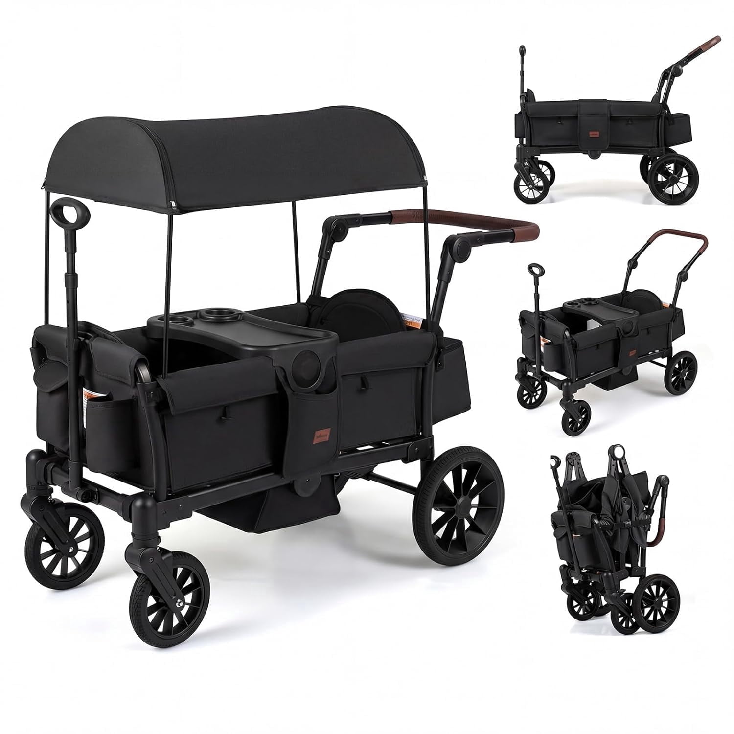 INFANS Wagon Stroller for 2 Kids, Foldable Wagon Cart with Adjustable Handle Pull Bar, Removable Canopy, Footwell, Snack Tray, Harnesses for Infants Toddlers 6-36 Months