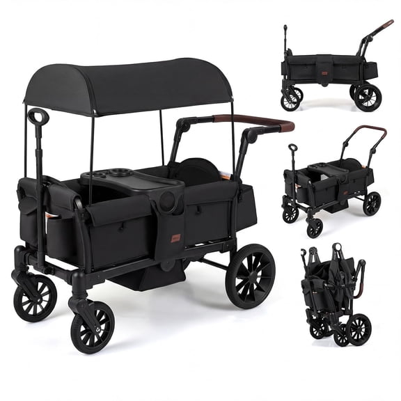 INFANS Wagon Stroller for 2 Kids, Foldable Wagon Cart with Adjustable Handle Pull Bar, Removable Canopy, Footwell, Snack Tray, Harnesses for Infants Toddlers 6-36 Months