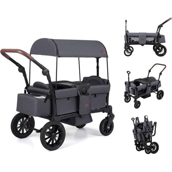 INFANS Wagon Stroller for 2 Kids, Foldable Wagon Cart with Adjustable Handle Pull Bar, Removable Canopy, Footwell, Snack Tray, Harnesses for Infants Toddlers 6-36 Months