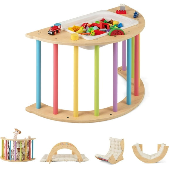 INFANS Wooden Arch Climber Rocker with Cushion, 6 in 1 Montessori Climbing Toys for Toddlers, Waldorf Children Table Indoor Gym Learning Playset for Kids Boys Girls