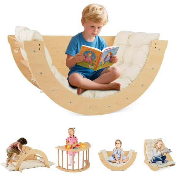 INFANS Wooden Arch Climber Rocker with Cushion, 6 in 1 Montessori Climbing Toys for Toddlers, Waldorf Children Table Indoor Gym Learning Playset for Kids Boys Girls