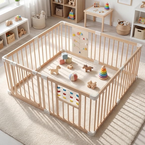 INFANS Wooden Baby Playpen with Adjustable Size & Shape, 8 Panels, Child Proof Lock, Easy to Assemble, Portable Play Yard for Babies Toddlers