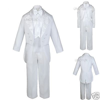 INFANT TODDLER & BOY WEDDING FORMAL JACQUARD TAIL TUXEDO WHITE S M L XL 2T 3T-20