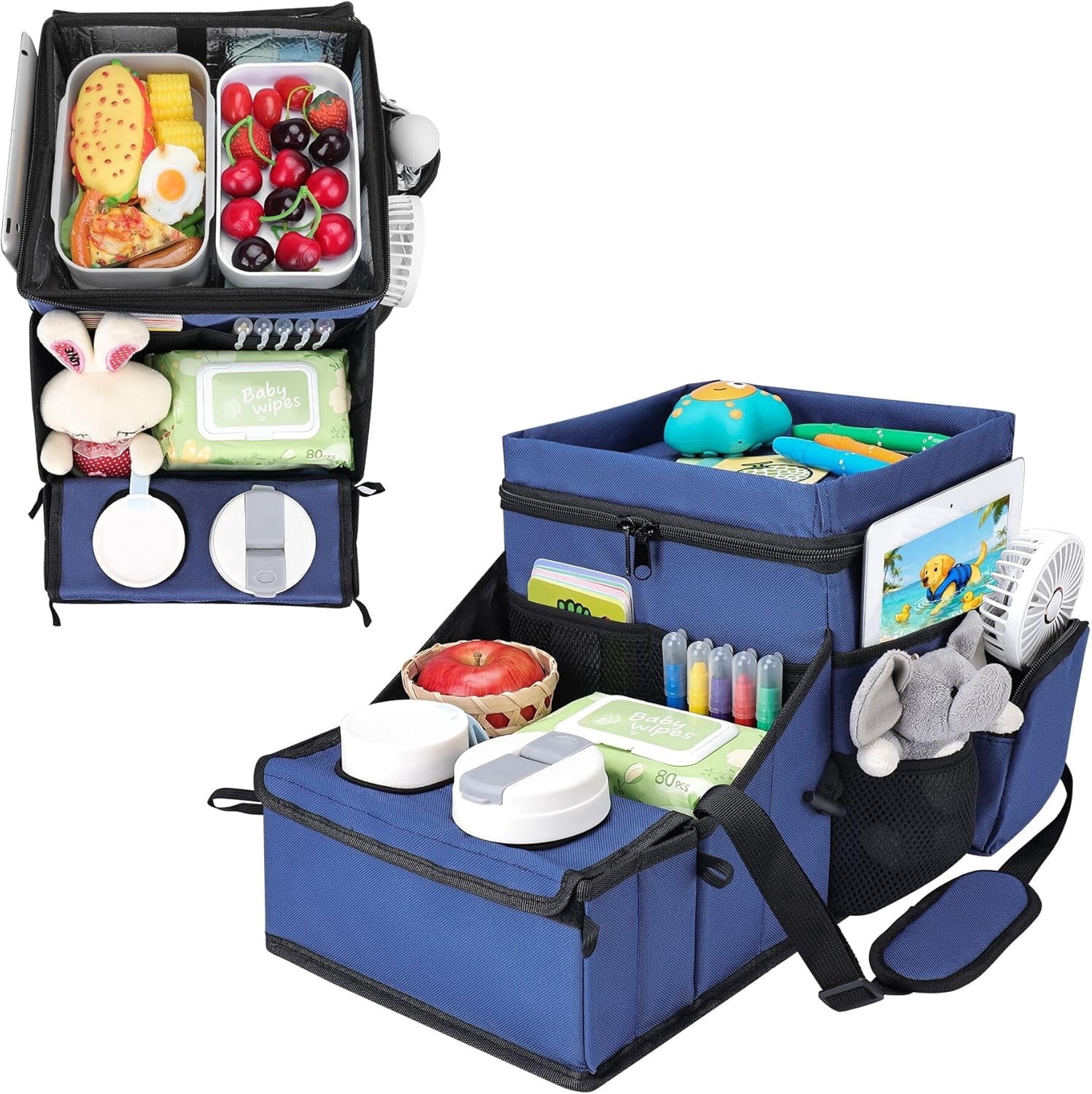 INFANZIA Car Seat Organizer, Backseat Van Organizer with Cup Holders for Car Front Passenger and Back Seat, Carseat Storages with Cooler Compartment for Kids and Adults for Toy, Snacks , Dark blue