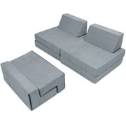 INFANZIA  7PCS Kids Play Couch Sofa, Fortplay Bedroom and Playroom Furniture for Toddlers, Small Sectional Nugget Couch, Prefect Gift for Creative Girls & Boys, Gray