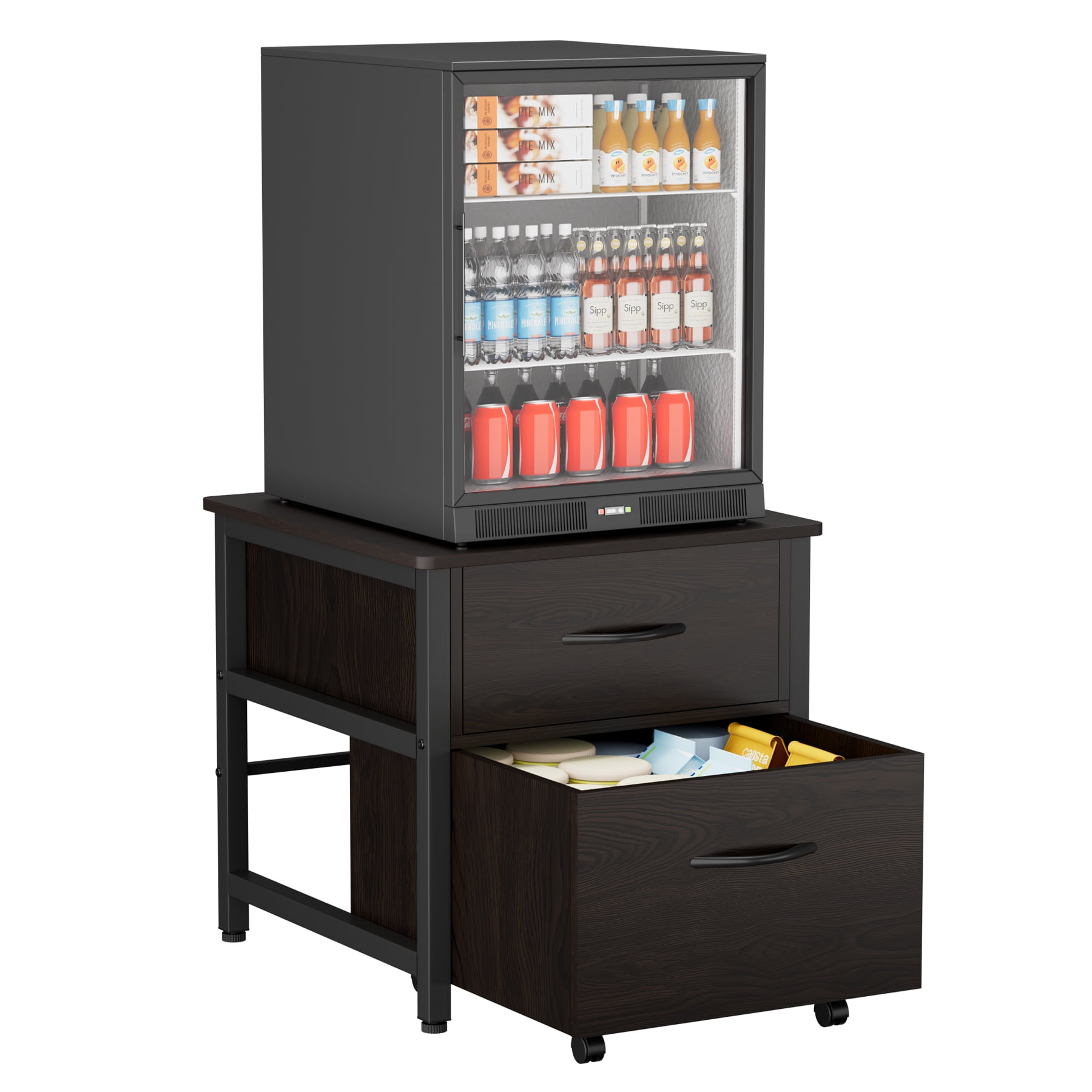 INFANZIA Mini Fridge Stand with Storage, Beverage Refrigerator Stand Table with Rolling Cabine, 22.1"Lx 23.2"W Solid Wood Heavy Duty Mini Fridge Cabinet for Dorm, Office, Bedroom, Black