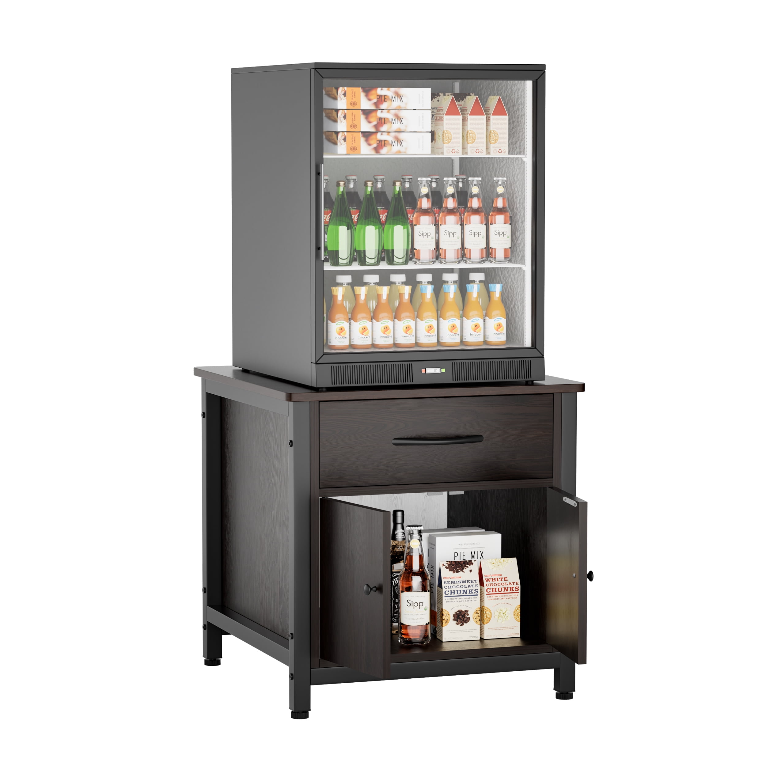 INFANZIA Mini Fridge Stand with Storage, Heavy Duty Mini Fridge Cabinet with Drawer, Solid Wood Beverage Refrigerator Stand Table for Dorm, Office, Bedroom, Load 220LBS, Black