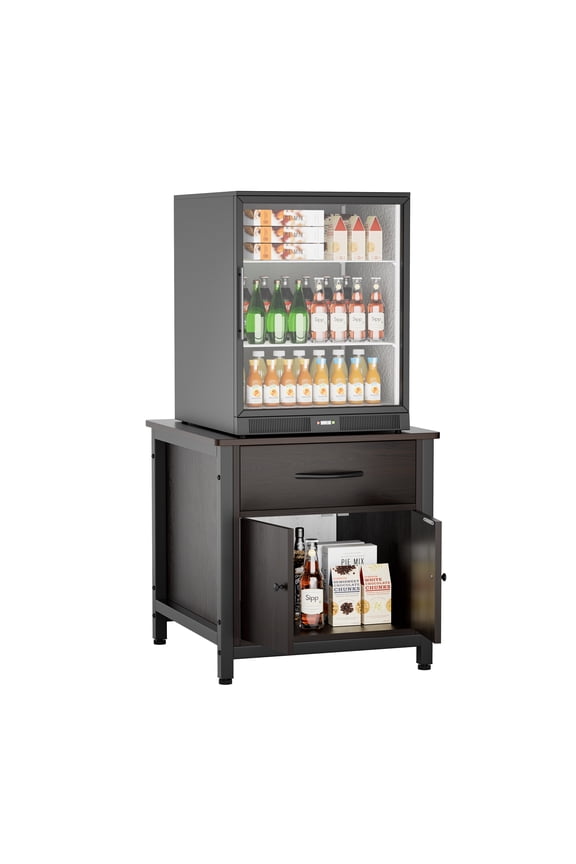 Mini Fridge Stand with Storage, Heavy Duty Mini Fridge Cabinet with Drawer, Solid Wood Beverage Refrigerator Stand Table for Dorm, Office, Bedroom, Load 220LBS, Black