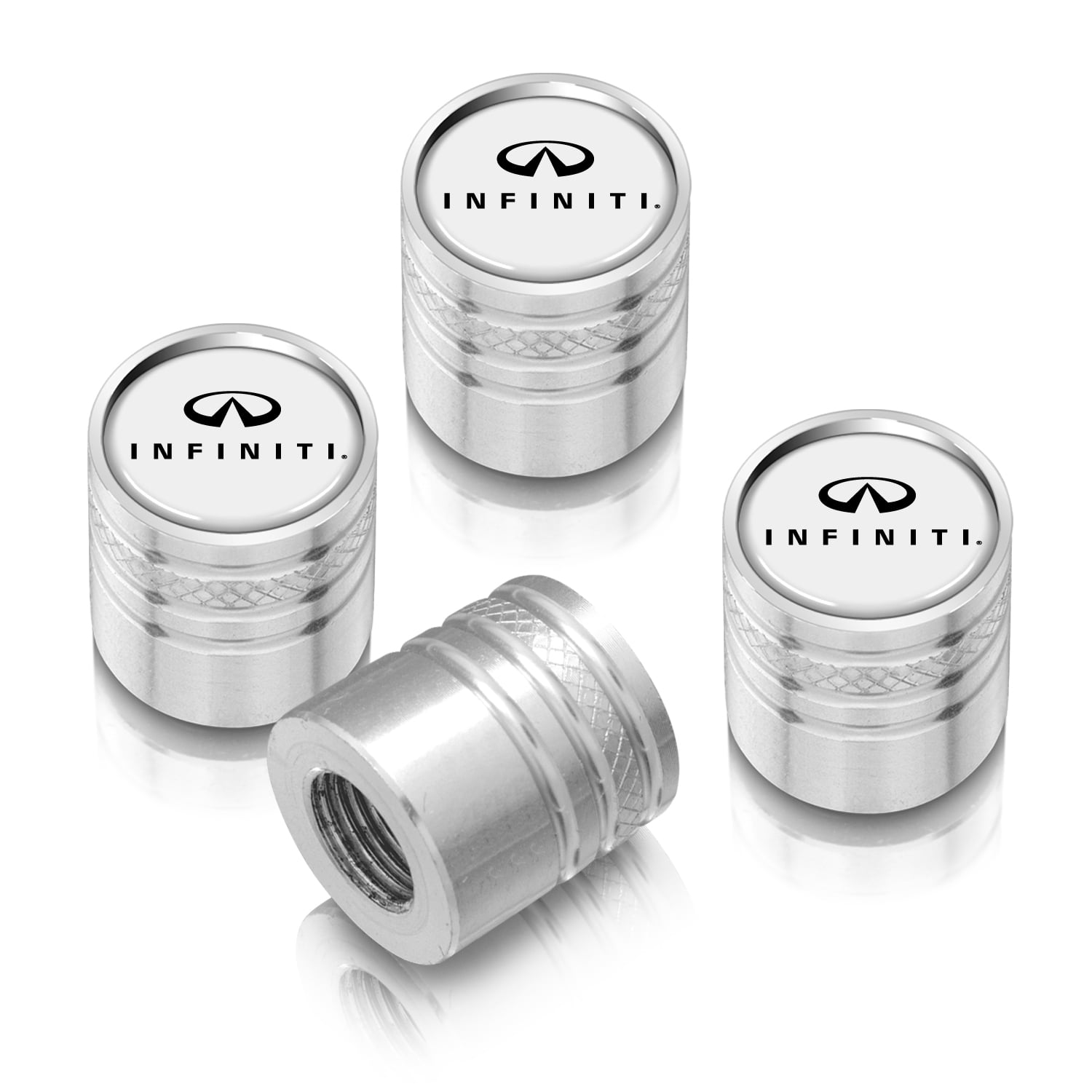 INFINITI Logo White on Silver Aluminum Cylinder-Style Tire Valve Stem Caps
