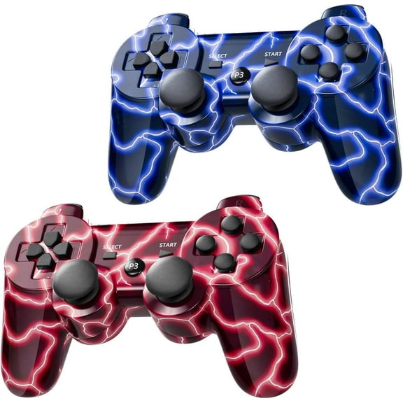 INFISU 2 Pack Wireless Bluetooth Gamepad for PlayStation 3 Video Game with Double Shock & Motion Sensor, PS3 (Blue Flash and Red Flash)