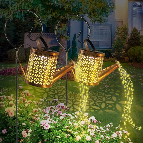 INFISU 2 Packs Solar Watering Can Lights for Garden Decor,Retro Metal Outdoor Waterfall Hanging Solar Lights with String Solar Lantern for Porch Lawn Driveway Backyard Pathway