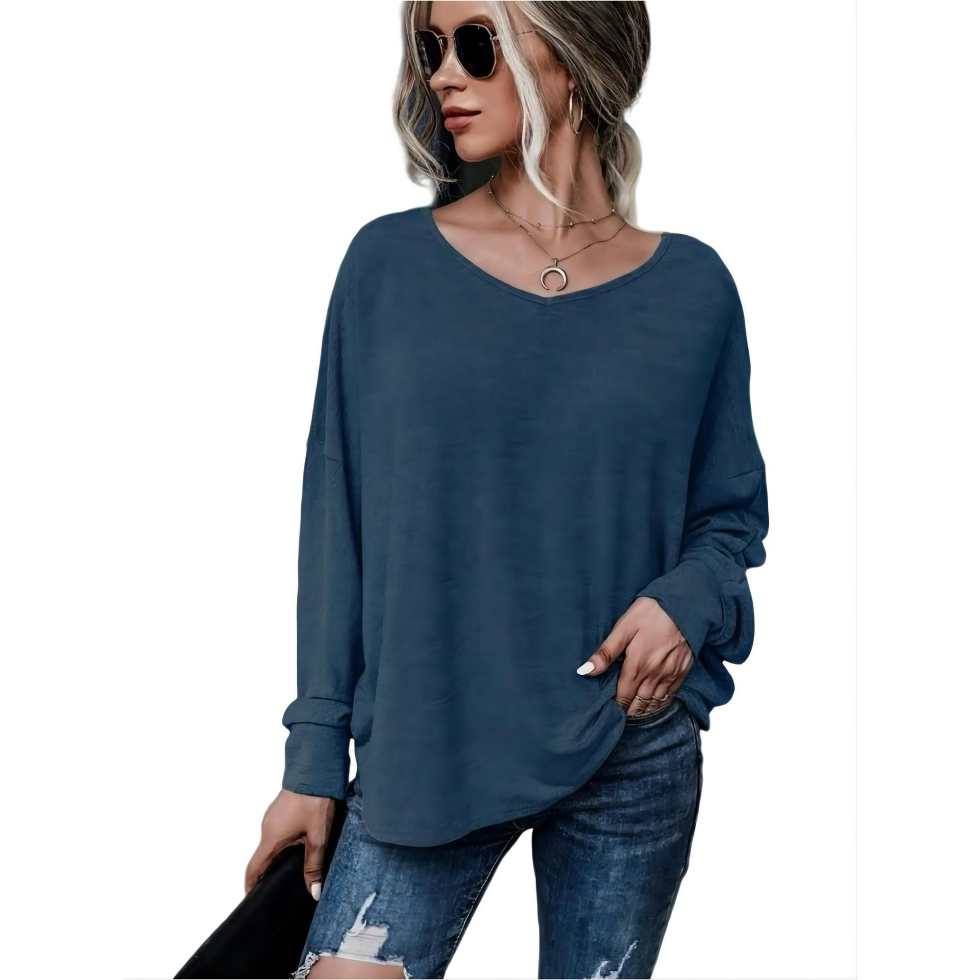INFITTY Women Long Sleeve Shirts T-Shirt Backless Crewneck Loose
