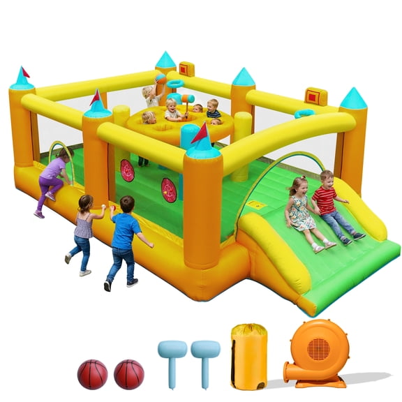 INFLATEFLY Inflatable Bounce House Whack-a-Mole Game, Large Slide, Bouncing Area, 2 Basketball Hoops, 2 Sticky Targets, for Ages 3-8  18 x 11 x 6.6 ft